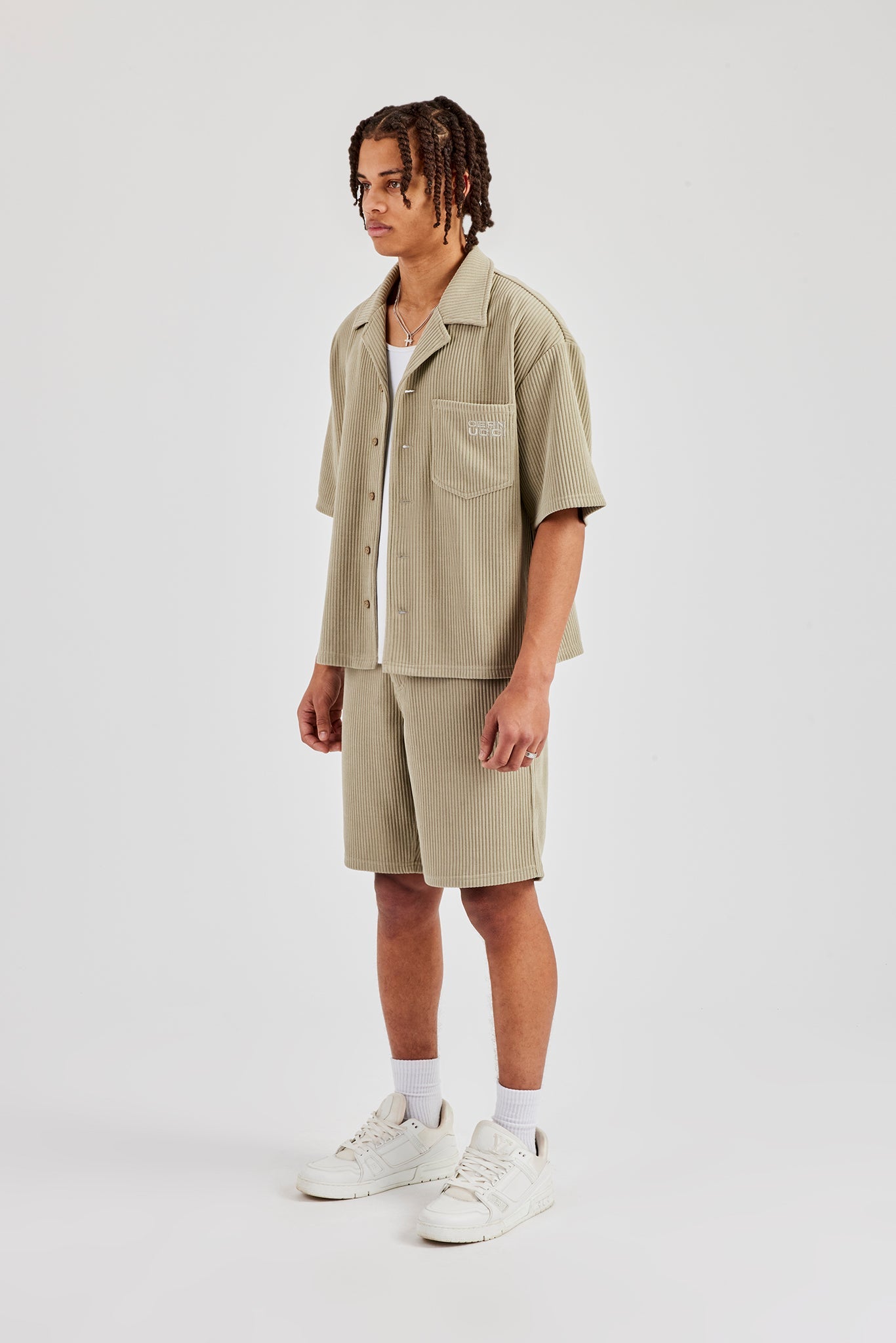 Cord Button Front Revere Shirt & Shorts - Khaki